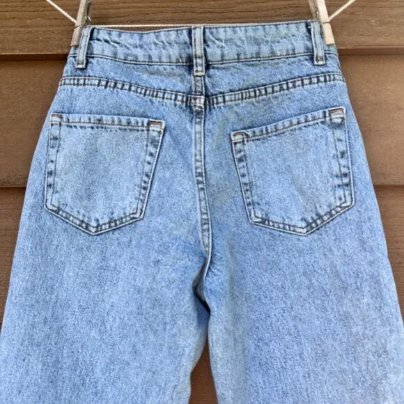 Distressed Blue Denim Jeans W/ Rhinestone Trim & Raw Hem For Women - Picture 10 of 14